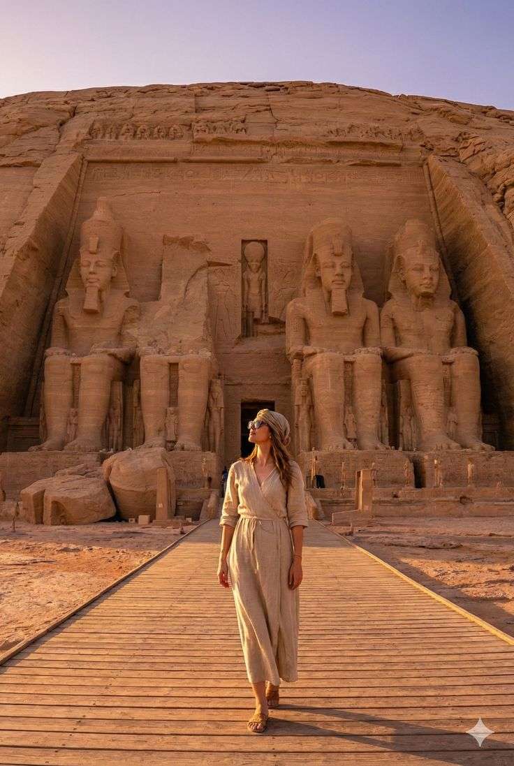 Viajera explorando el templo de Abu Simbel en Egipto al atardecer